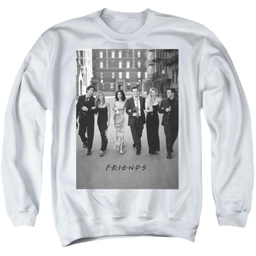 White men's crewneck sweatshirt with Friends Walk The Streets graphic