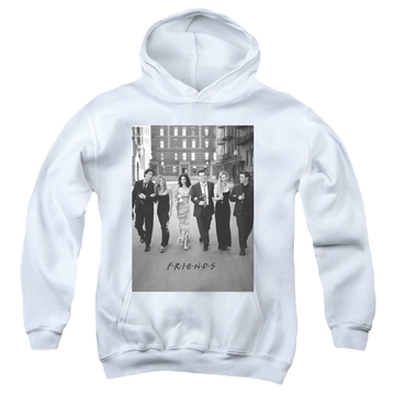 White youth hoodie for ages 8 to 12 with Friends Walk The Streets graphic