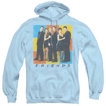 Light blue pullover hoodie with Color Block Of Friends graphic