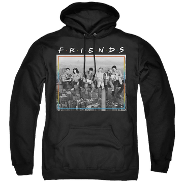 Black pullover hoodie with Friends Lunch Break graphic