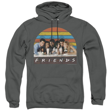 Charcoal pullover hoodie with Friends Soda Fountain graphic