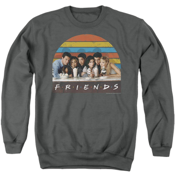 Charcoal men's crewneck sweatshirt with Friends Soda Fountain graphic