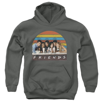 Charcoal youth hoodie for ages 8 to 12 with Friends Soda Fountain graphic