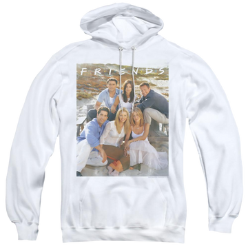 White pullover hoodie with Friends Lifes A Beach graphic