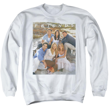 White men's crewneck sweatshirt with Friends Lifes A Beach graphic