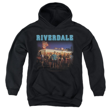 Black youth hoodie for ages 8 to 12 with Riverdale Up At Pops graphic