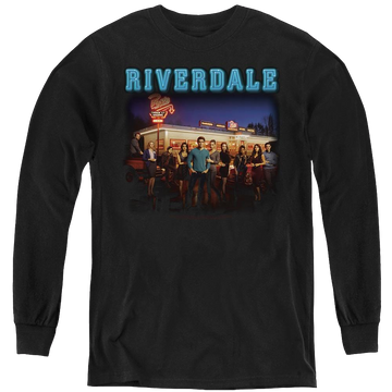 Black youth long sleeve t-shirt with Riverdale Up At Pops graphic