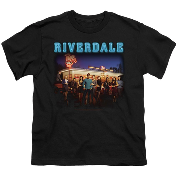 Black youth t-shirt for ages 8 to 12 with Riverdale Up At Pops graphic