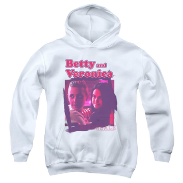 White youth hoodie for ages 8 to 12 with Riverdale Betty And Veronica graphic