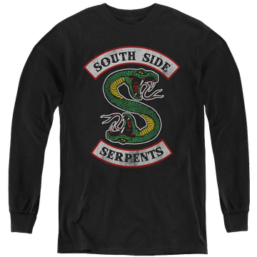 Black youth long sleeve t-shirt with Riverdale South Side Serpent graphic