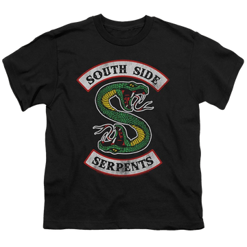 Black youth t-shirt for ages 8 to 12 with Riverdale South Side Serpent graphic