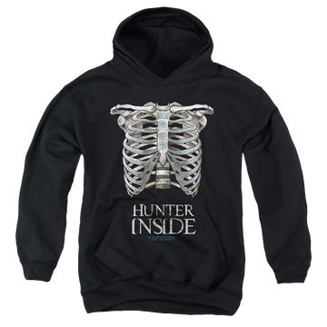 Black youth hoodie for ages 8 to 12 with Supernatural Hunter Inside graphic