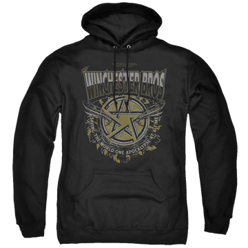 Black pullover hoodie with Supernatural Winchester Bros graphic