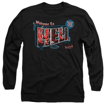 Black men's long sleeve t-shirt with Supernatural Welcome graphic