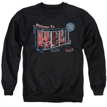 Black men's crewneck sweatshirt with Supernatural Welcome graphic