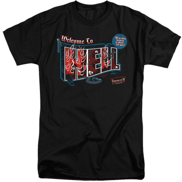 Black men's tall fit t-shirt with Supernatural Welcome graphic