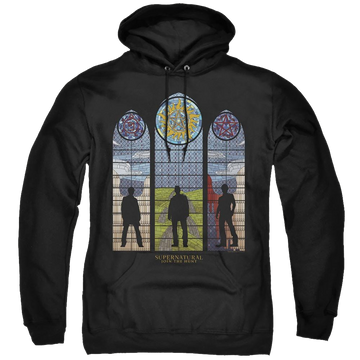 Black pullover hoodie with Supernatural Stained Glass graphic