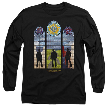 Black men's long sleeve t-shirt with Supernatural Stained Glass graphic