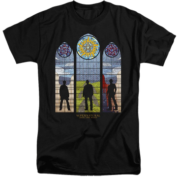 Black men's tall fit t-shirt with Supernatural Stained Glass graphic
