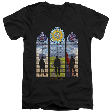 Black men's v-neck t-shirt with Supernatural Stained Glass graphic