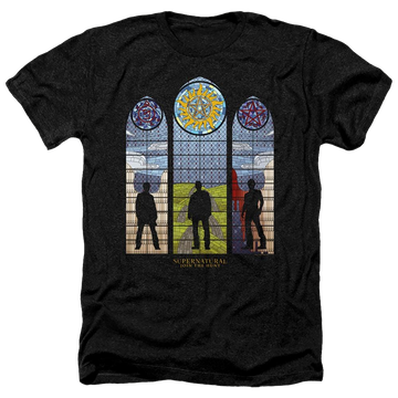 Charcoal men's heather t-shirt with Supernatural Stained Glass graphic