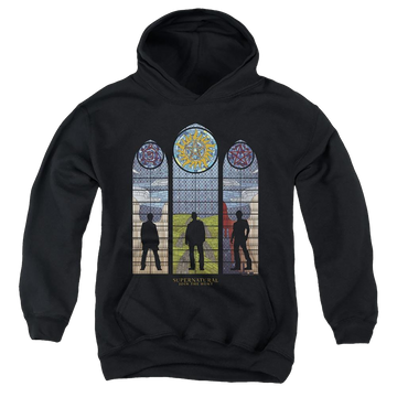 Black youth hoodie for ages 8 to 12 with Supernatural Stained Glass graphic