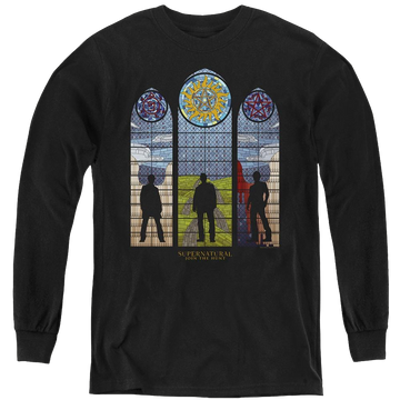 Black youth long sleeve t-shirt with Supernatural Stained Glass graphic