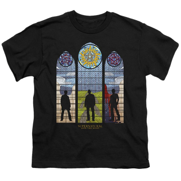 Black youth t-shirt for ages 8 to 12 with Supernatural Stained Glass graphic