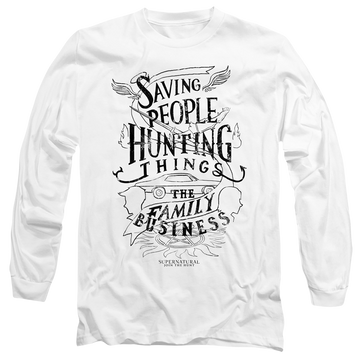 White men's long sleeve t-shirt with Supernatural Family Business graphic