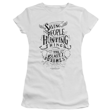 Athletic heather juniors t-shirt with Supernatural Family Business graphic