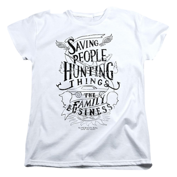 White women's t-shirt with Supernatural Family Business graphic