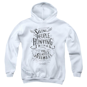 White youth hoodie for ages 8 to 12 with Supernatural Family Business graphic