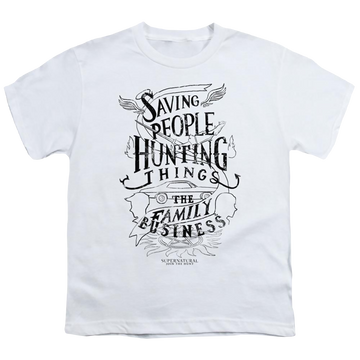 White youth t-shirt for ages 8 to 12 with Supernatural Family Business graphic