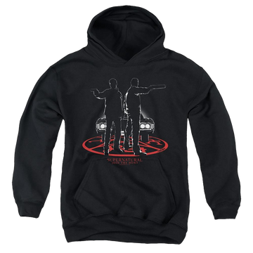 Black youth hoodie for ages 8 to 12 with Supernatural Silhouettes graphic
