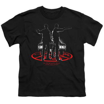 Black youth t-shirt for ages 8 to 12 with Supernatural Silhouettes graphic