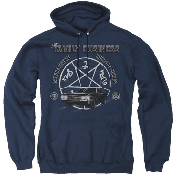 Navy pullover hoodie with Supernatural Saving People And Hunting graphic
