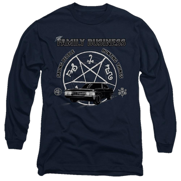 Navy men's long sleeve t-shirt with Supernatural Saving People And Hunting graphic