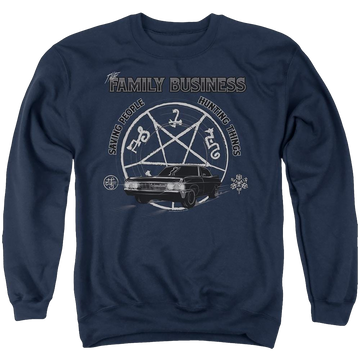 Navy men's crewneck sweatshirt with Supernatural Saving People And Hunting graphic