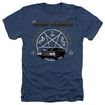 Navy men's heather t-shirt with Supernatural Saving People And Hunting graphic