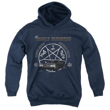 Navy youth hoodie for ages 8 to 12 with Supernatural Saving People And Hunting graphic