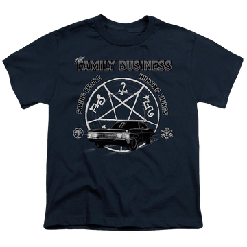 Navy youth t-shirt for ages 8 to 12 with Supernatural Saving People And Hunting graphic