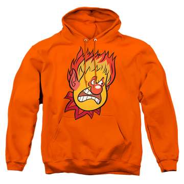 Orange pullover hoodie with Year Without a Santa Claus Heat Miser graphic