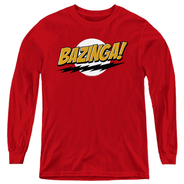 Red youth long sleeve t-shirt with Big Bang Theory Bazinga graphic