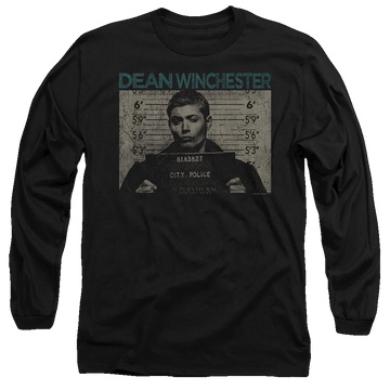 Black men's long sleeve t-shirt with Supernatural Dean Mug Shot graphic