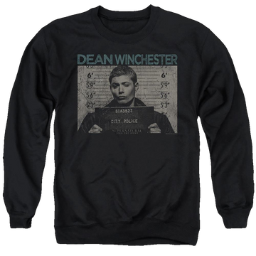 Black men's crewneck sweatshirt with Supernatural Dean Mug Shot graphic