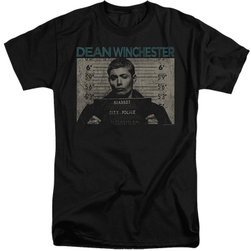 Black men's tall fit t-shirt with Supernatural Dean Mug Shot graphic