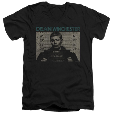 Black men's v-neck t-shirt with Supernatural Dean Mug Shot graphic