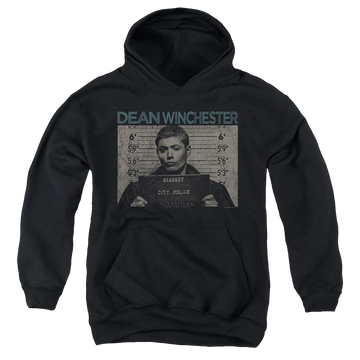 Black youth hoodie for ages 8 to 12 with Supernatural Dean Mug Shot graphic