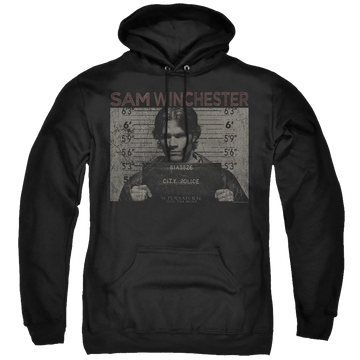 Black pullover hoodie with Supernatural Sam Mug Shot graphic