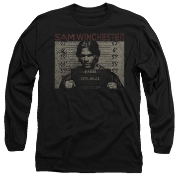 Black men's long sleeve t-shirt with Supernatural Sam Mug Shot graphic
